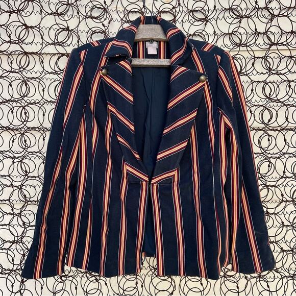 Chicos Striped Twill Ponte navy maroon gold tan stripe blazer Chicos size 0 - Picture 2 of 9
